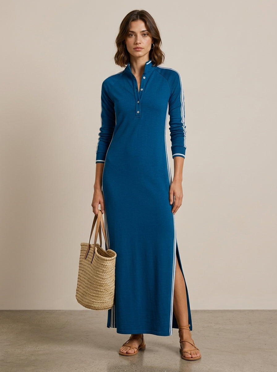 Cotton Blend Long Sleeve Maxi Dress with White Stripe Detailing - Casual Elegant Women's Fashion Dress