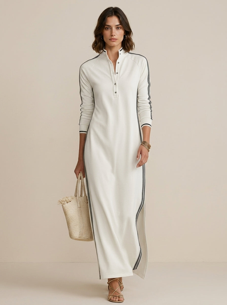 Cotton Blend Long Sleeve Maxi Dress with White Stripe Detailing - Casual Elegant Women's Fashion Dress