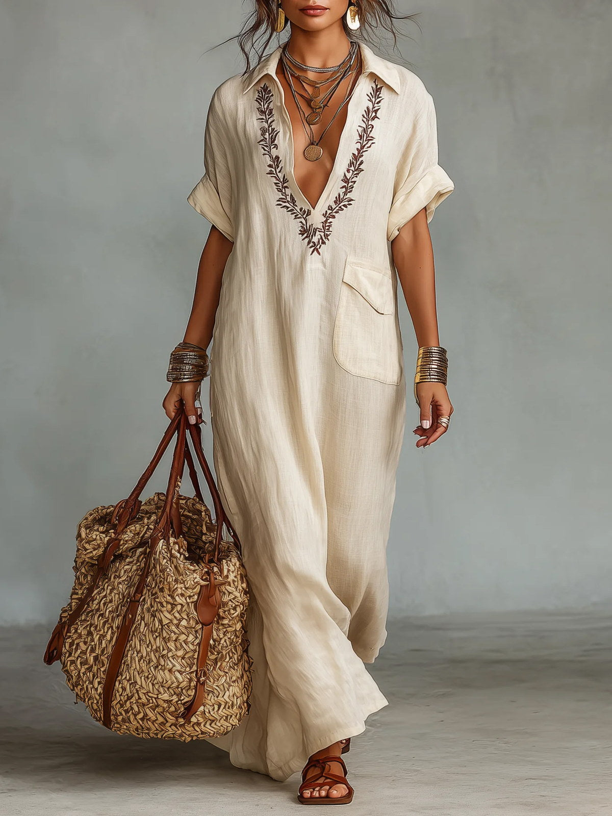 Embroidered V-Neck Pocket Detail Maxi Dress