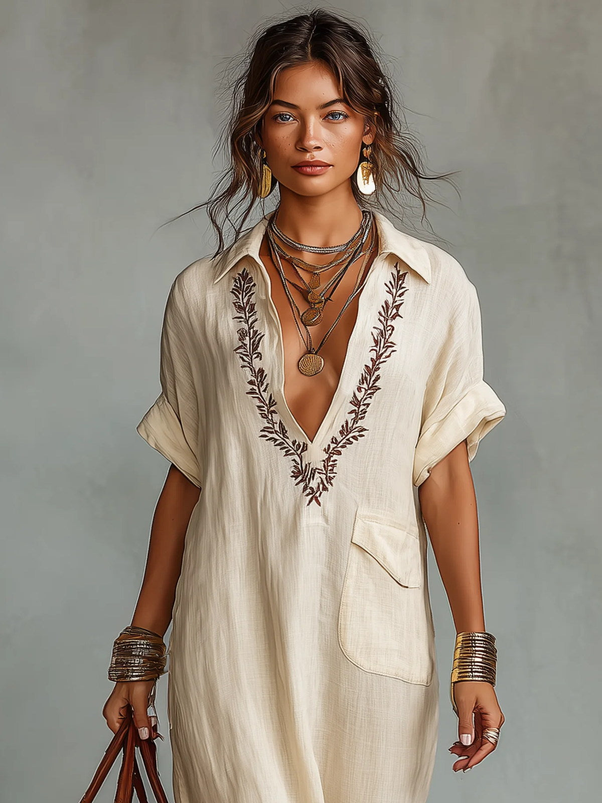 Embroidered V-Neck Pocket Detail Maxi Dress