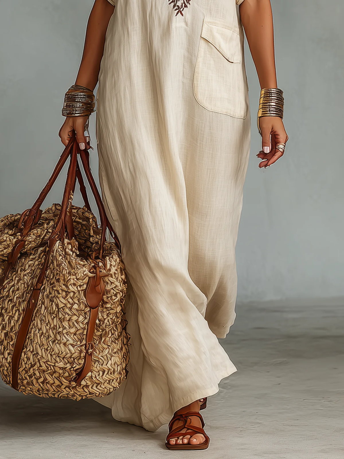 Embroidered V-Neck Pocket Detail Maxi Dress