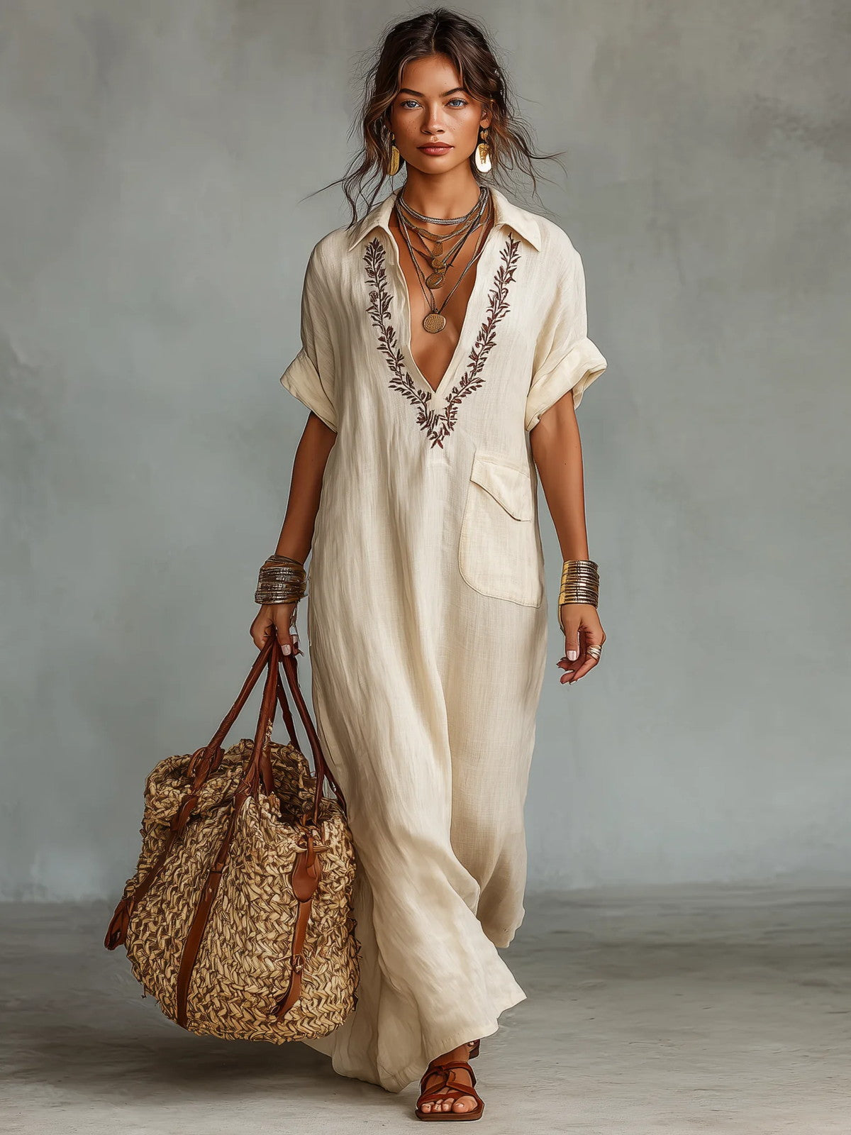 Embroidered V-Neck Pocket Detail Maxi Dress