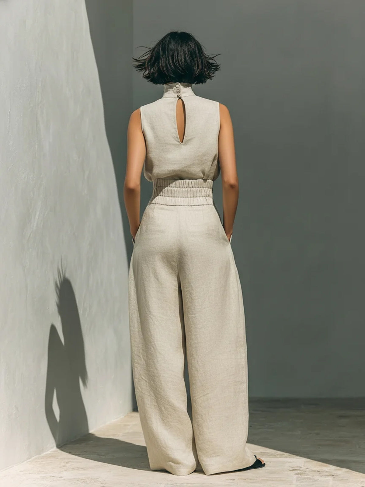 High Neck Linen Wide-Leg Set