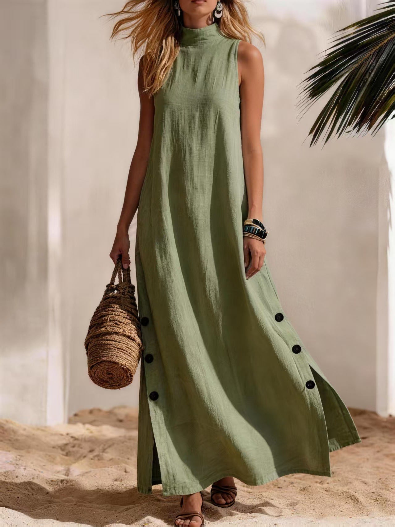 Minimalist Button Detail Sleeveless Linen Blend Maxi Dress