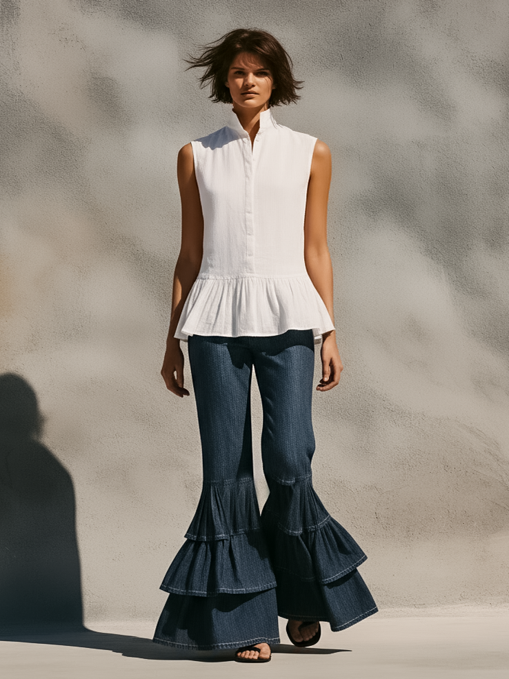 Cotton Linen Sleeveless Peplum Top with Flared Hem and High Collar