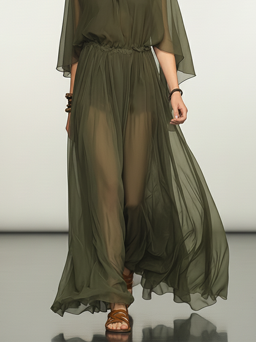 Chiffon Maxi Dress for Women - Flowy Long Sleeve Boho Summer Dress with Tie Neck and Wide Leg Pants