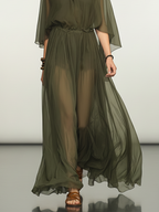 Chiffon Maxikleid für Damen – Fließendes Boho-Sommerkleid mit langen Ärmeln, Bindedetail am Ausschnitt und weitem Bein