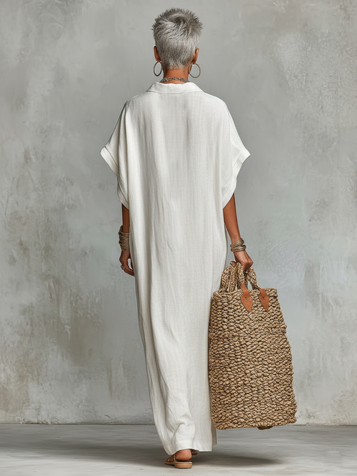 Langes Kaftankleid aus Leinen für Damen - Boho Sommer Maxikleid mit Knopfleiste und kurzen Ärmeln