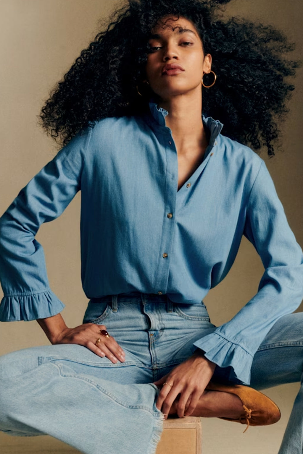 The Colette Blouse In Frilled Denim Blue