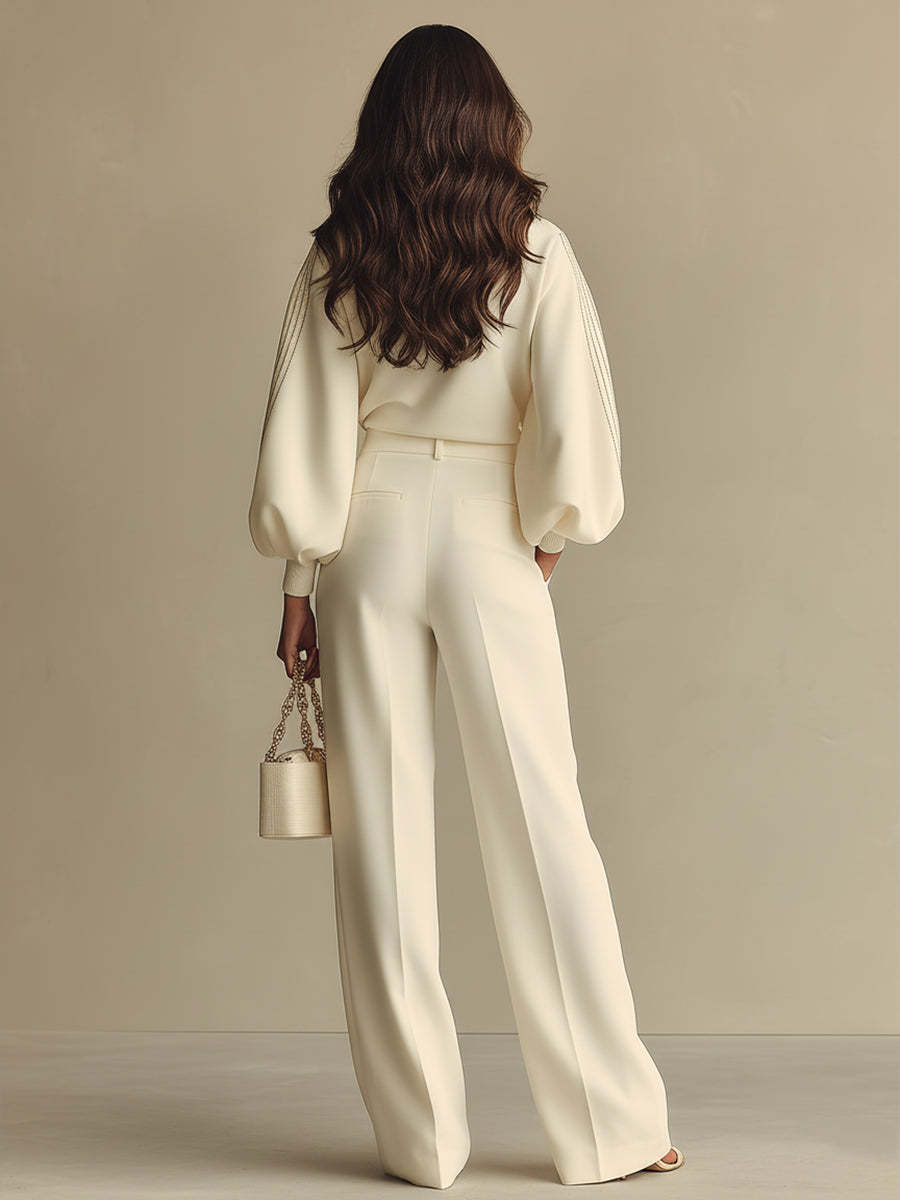 Soft Knit Cream Wide Sleeve Sweater with High Waist Pleated Trousers Set