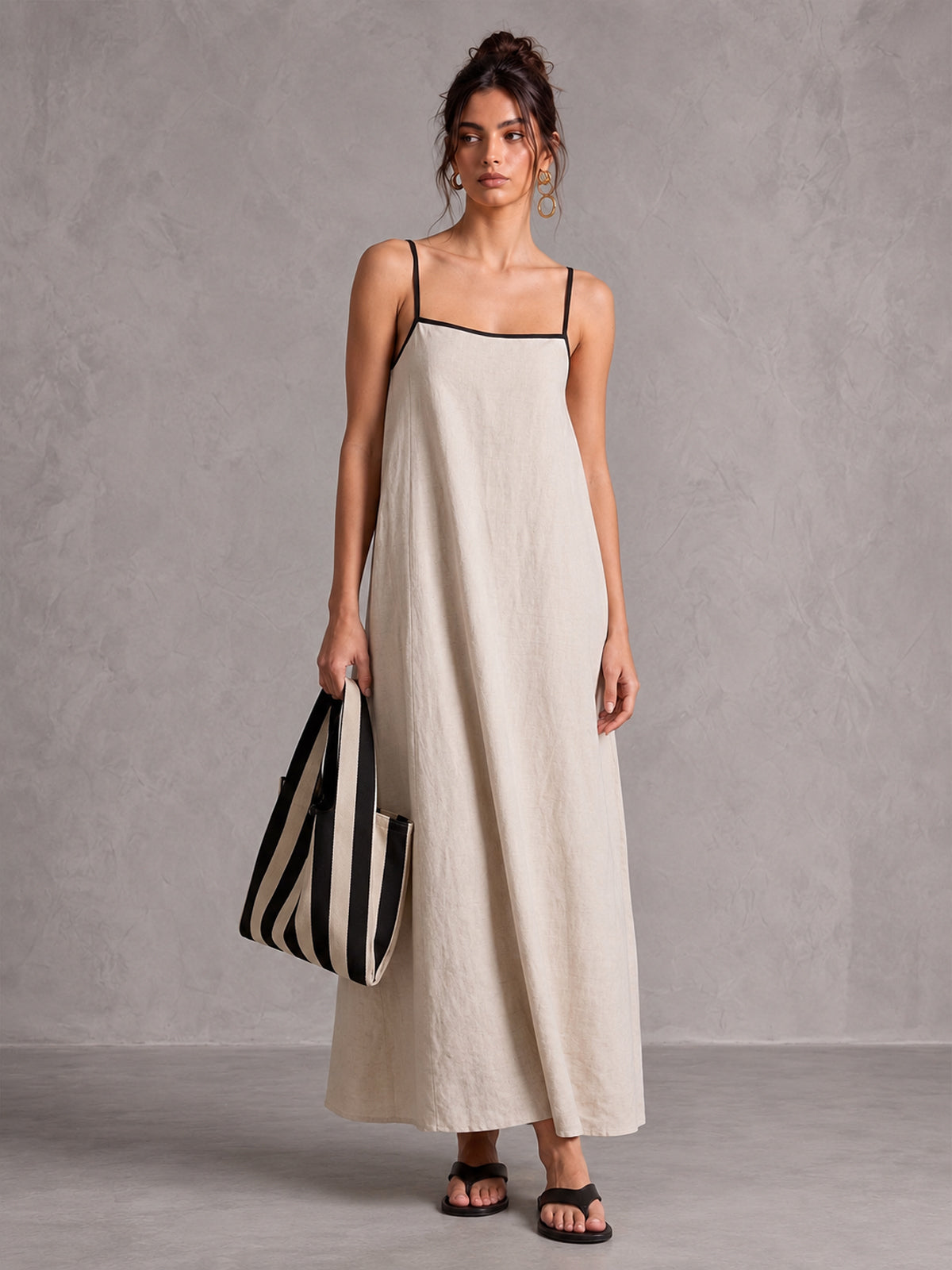 Linen-Blend Maxi Dress with Adjustable Spaghetti Straps