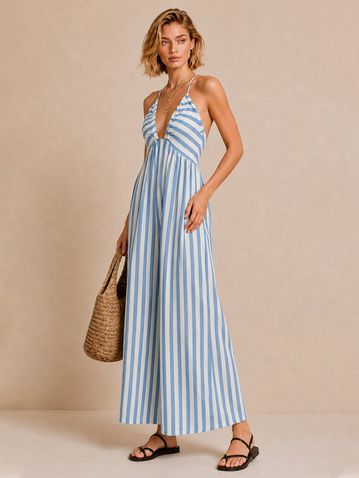 Deep-V Halter Striped Wide Jumpsuit