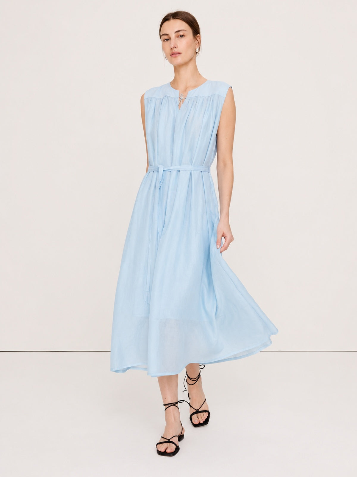 Gathered Split-Neck Tie-Waist Midi Dress