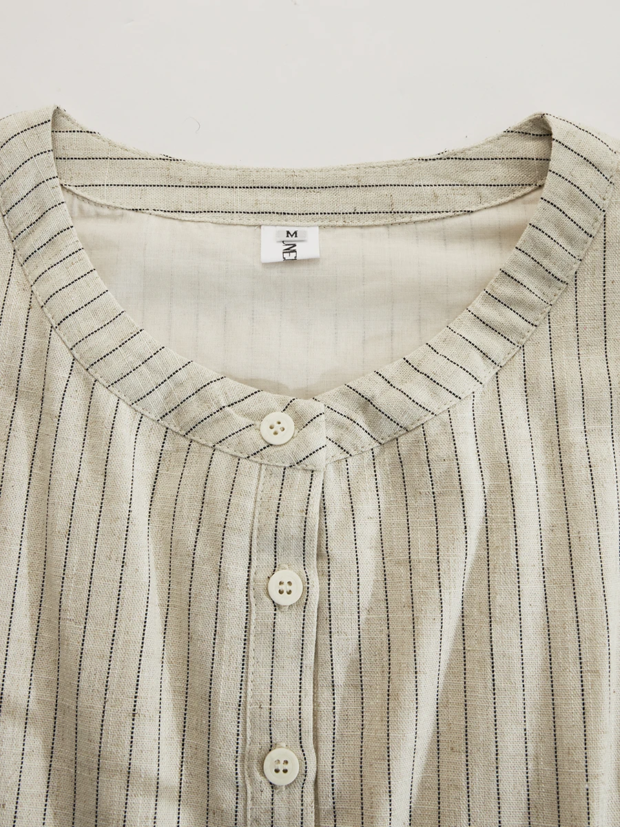 Casual Bohemian Black And Beige Striped Button Midi Dress