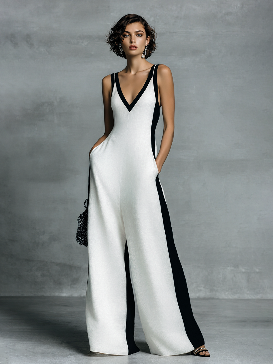 Linen Blend V-Neck Wide Leg Jumpsuit with Black Trim