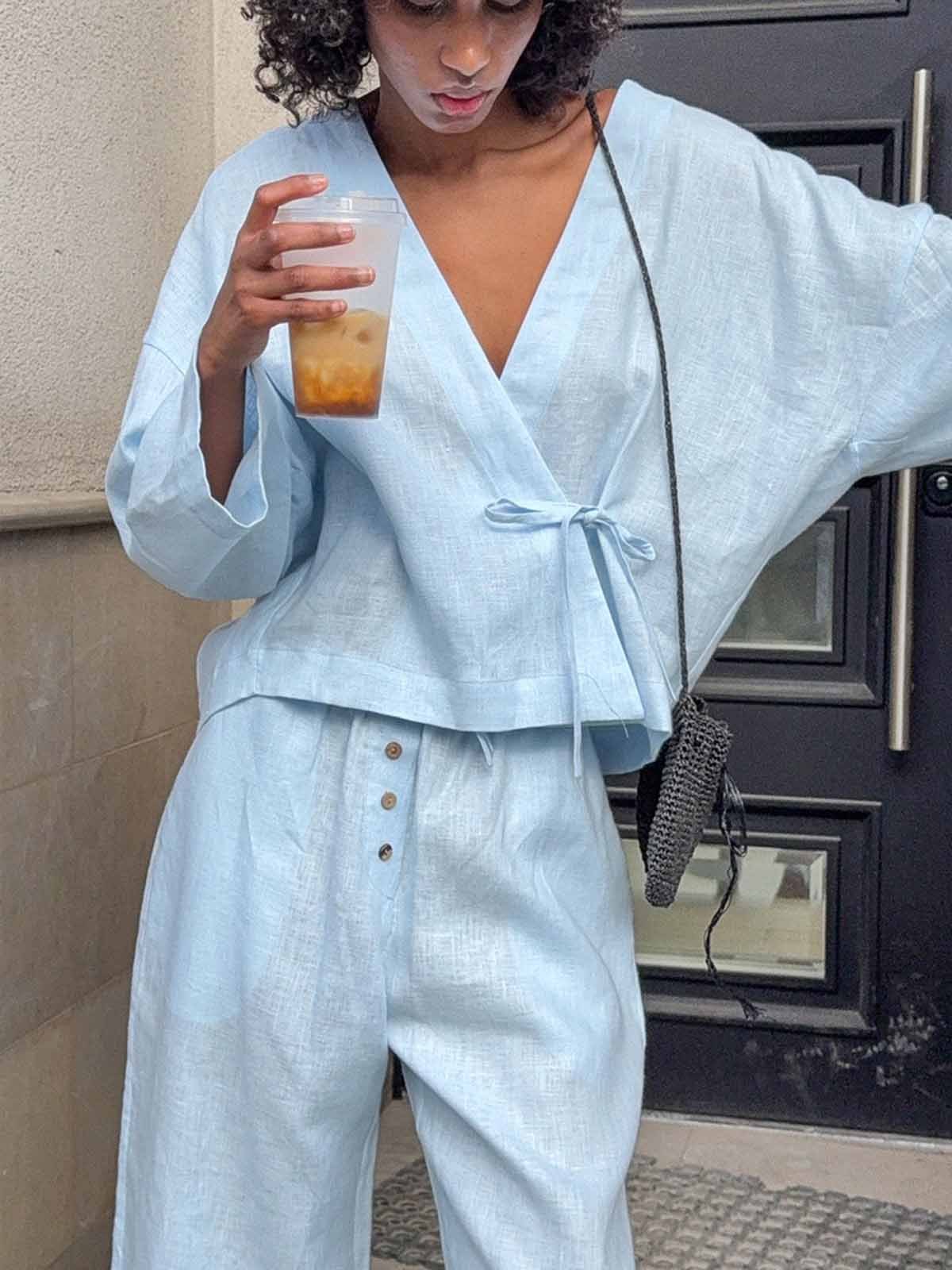 Linen Wrap Top Wide Leg Set
