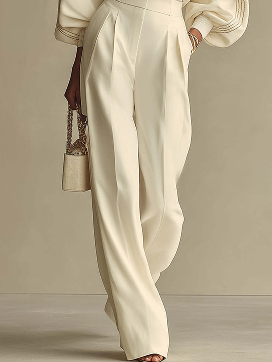 Soft Knit Cream Wide Sleeve Sweater with High Waist Pleated Trousers Set