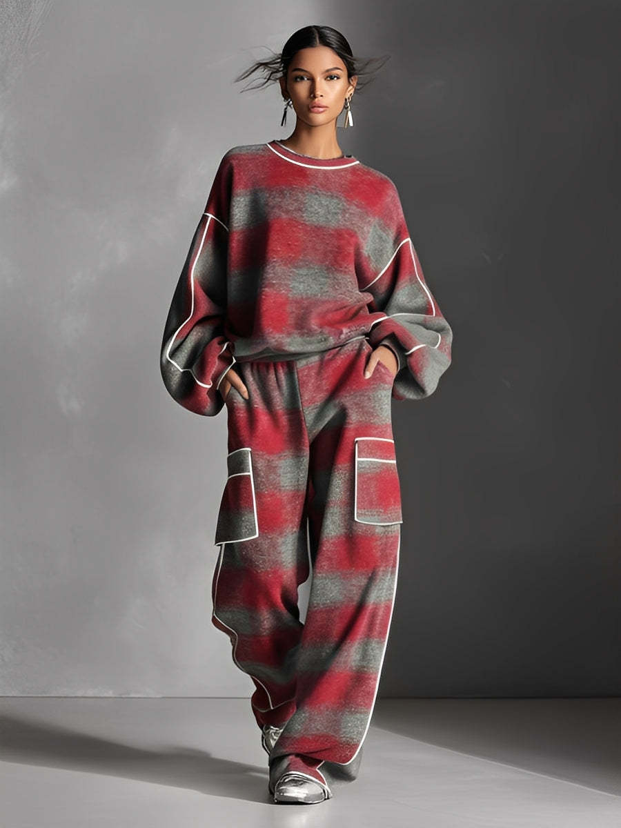 Fleece-Lined Plaid Oversized Sweater Set with Pockets and Ribbed Hem