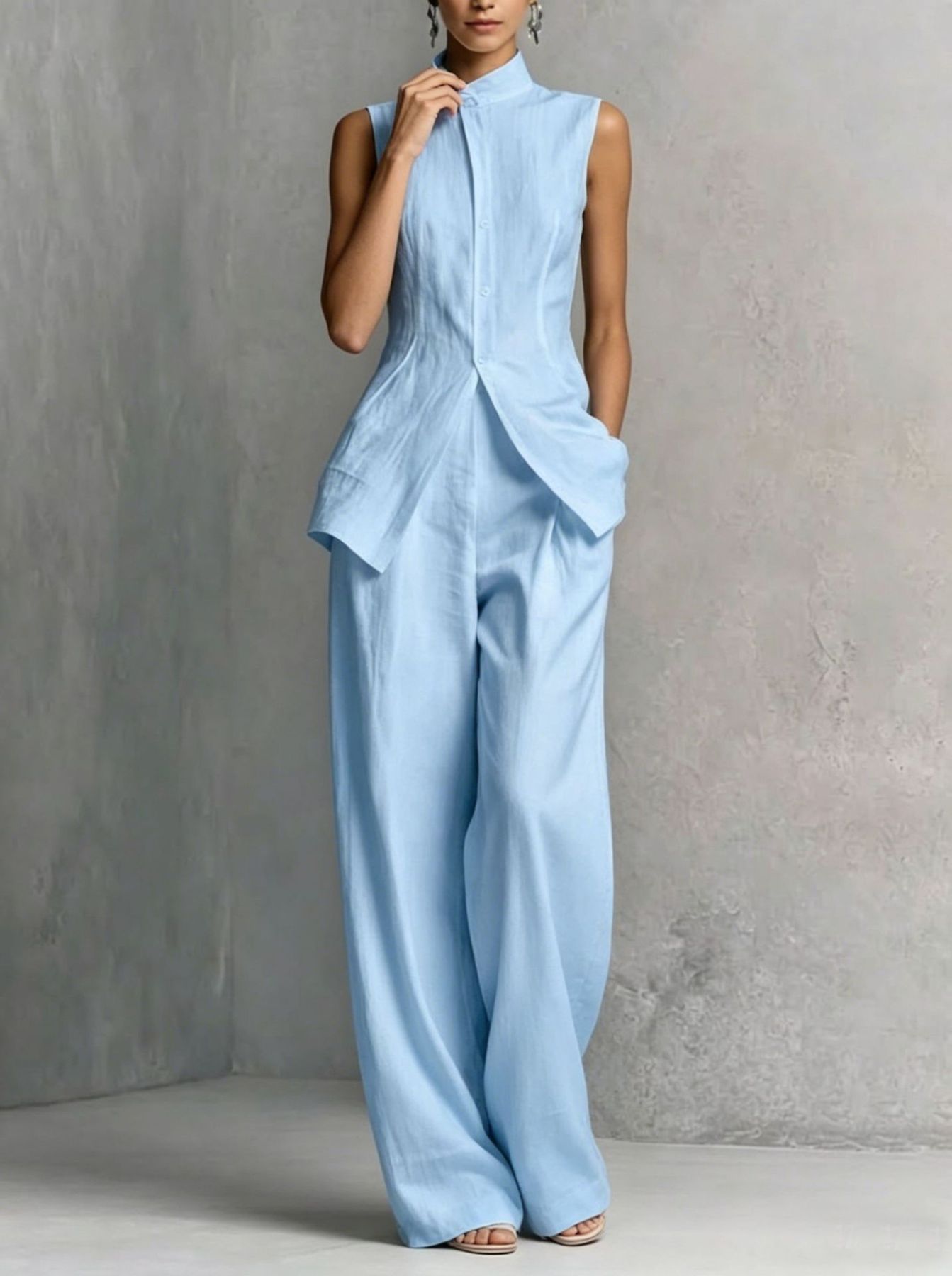 High-Neck Sleeveless Vest & Wide-Leg Pants Set
