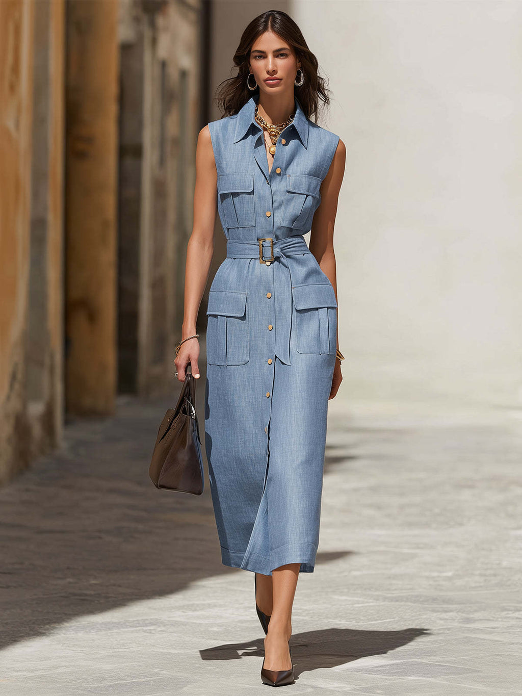 Denim Sleeveless Button-Down Midi Dress with Belted Waist and Pockets