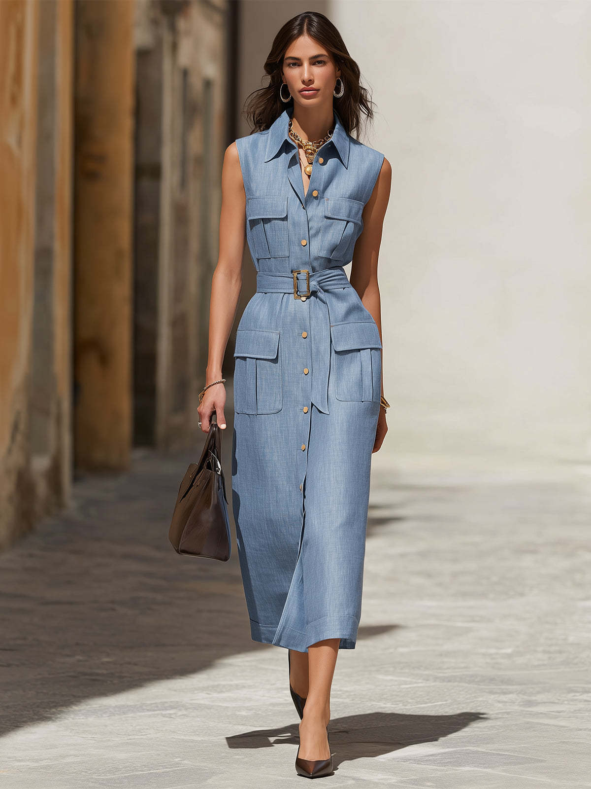 Denim Sleeveless Button-Down Midi Dress with Belted Waist and Pockets