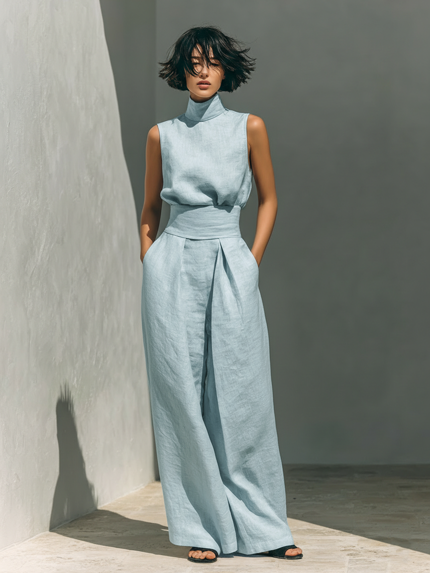 Linen Sleeveless High Neck Top with Wide Leg Pants Set for Women Modern Minimalist Outfit