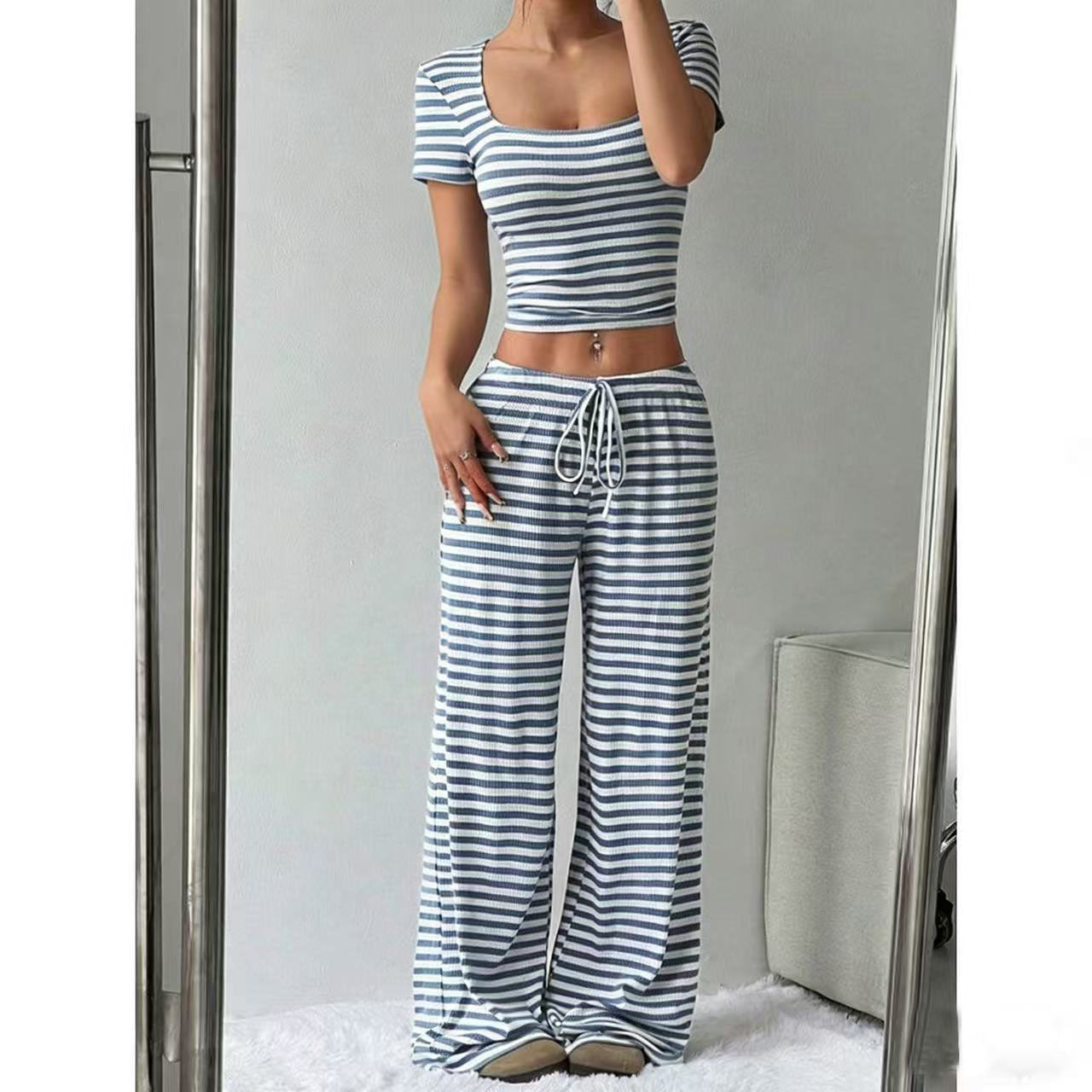 Striped Crop Top Wide Leg Pants Set