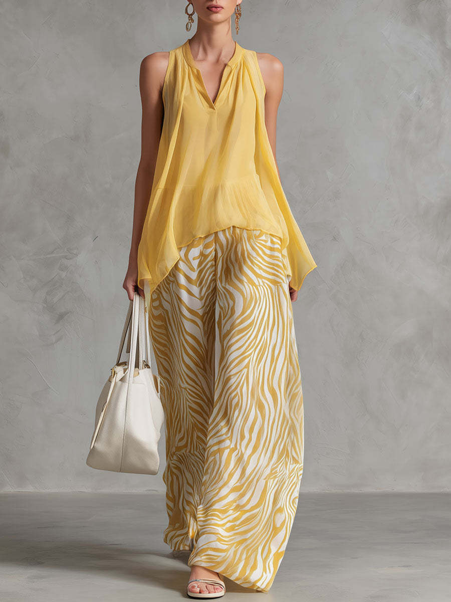 Chiffon Sleeveless V-Neck Top with Zebra Print Wide Leg Pants Set