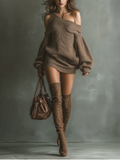 Knitted Wool Blend Off-Shoulder Oversized Sweater Dress for Women