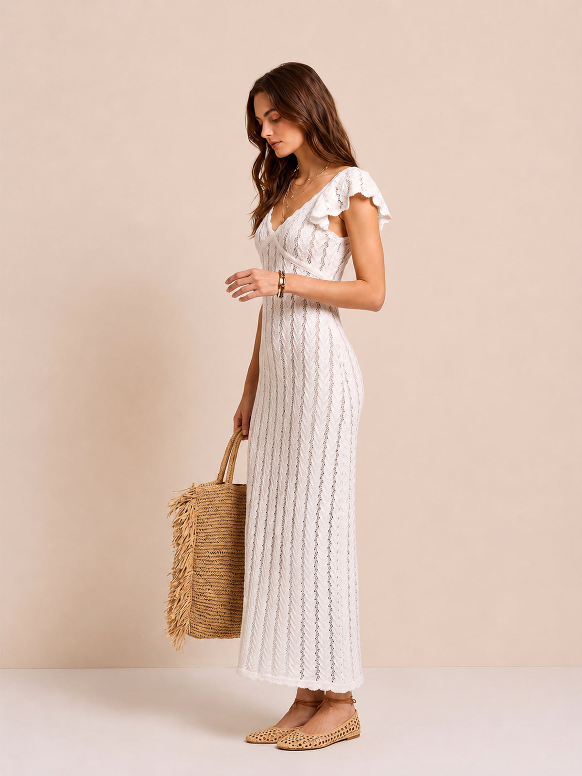 Yellow Cotton-Linen Knit Midi Dress – V-Neck with Ruffle Sleeves