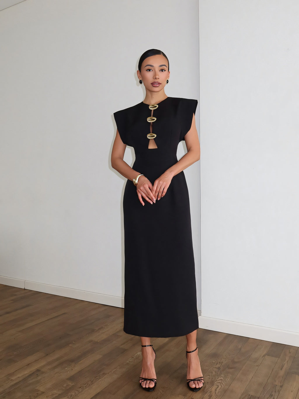 Metal Button Cut Out Midi Dress