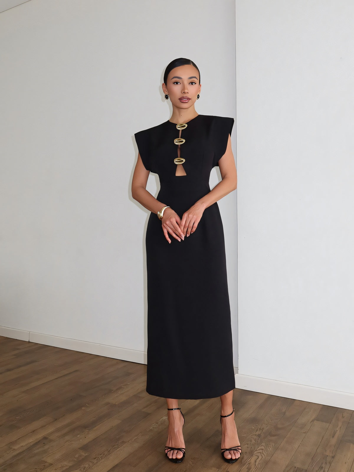 Metal Button Cut Out Midi Dress