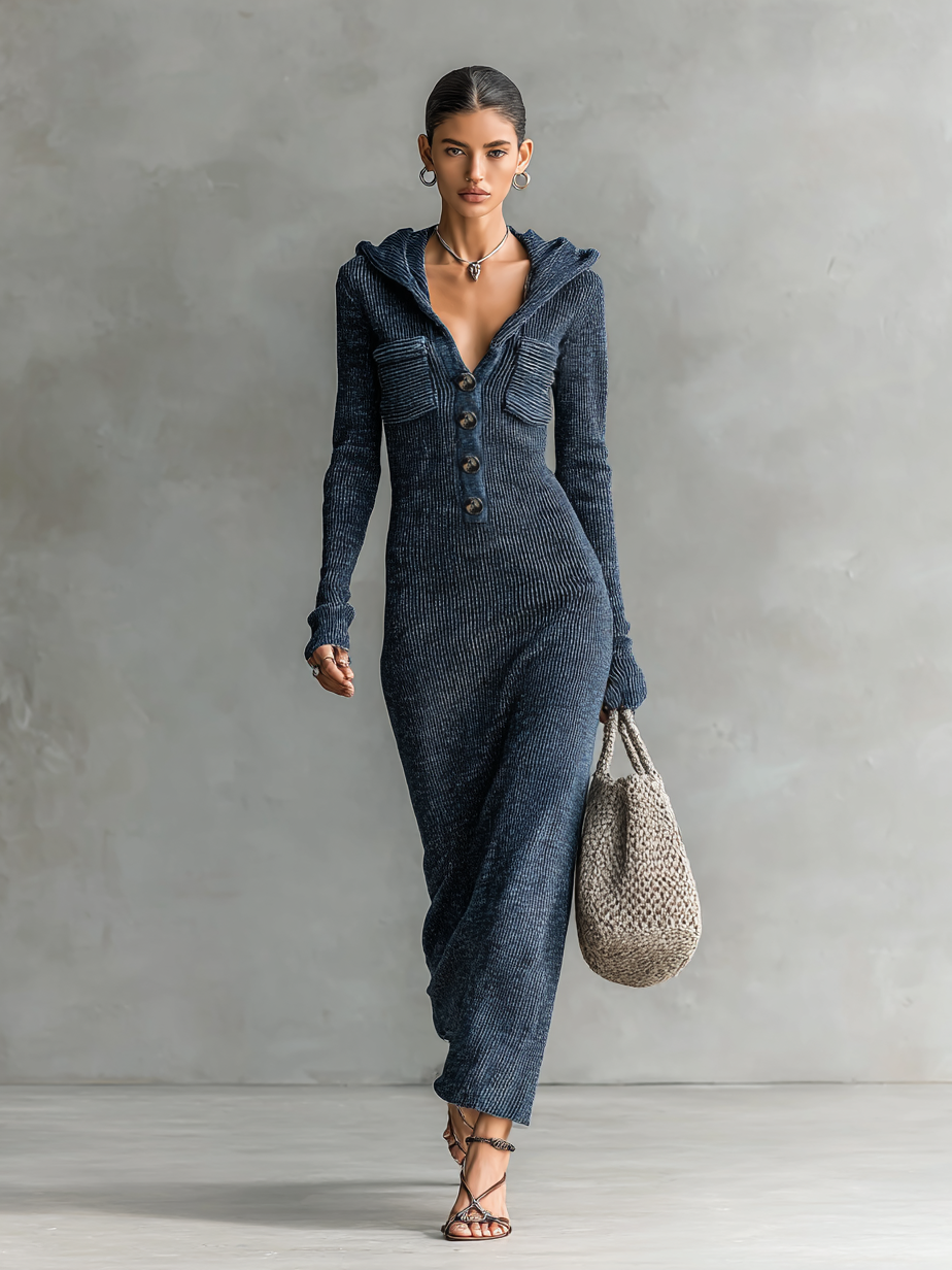 Ribbed Knit Hooded Long Sleeve Midi Dress with Button Front and Pockets