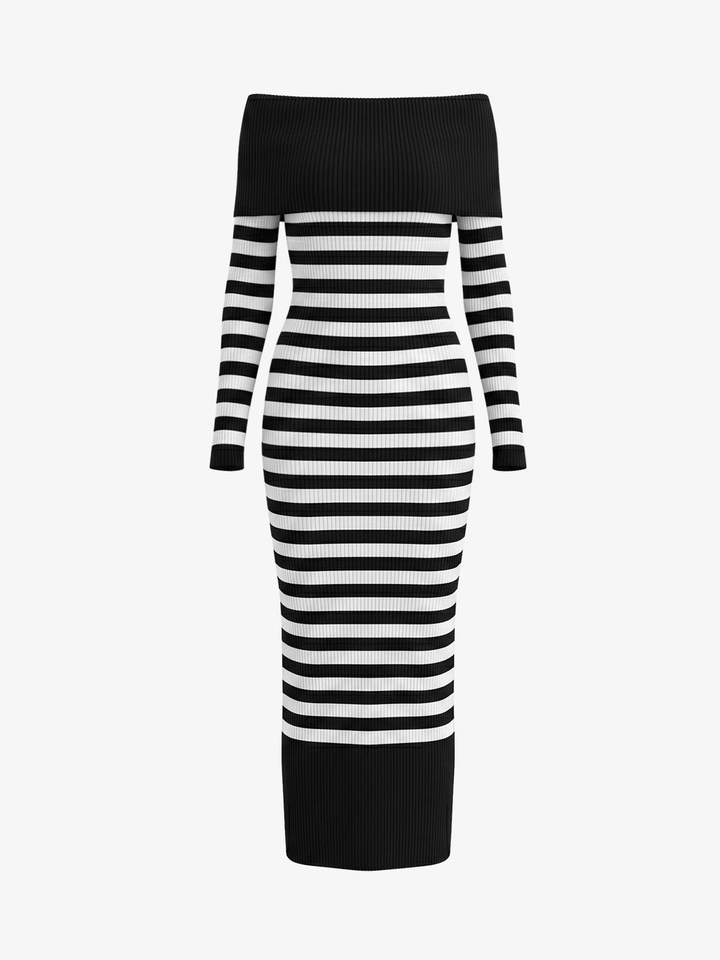 Off-Shoulder Stripe Midi Dress – Ribbed Knit Bodycon Slim Fit Casual Dress