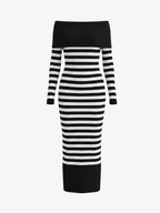 Vestido midi de rayas con hombros descubiertos – Vestido casual ajustado de punto acanalado