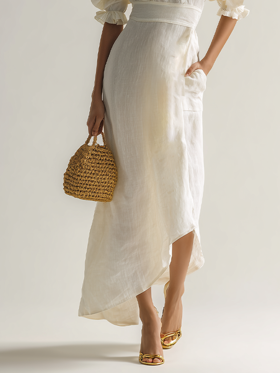 Linen V-Neck Wrap Midi Dress with Puff Sleeves and Ruffle Details