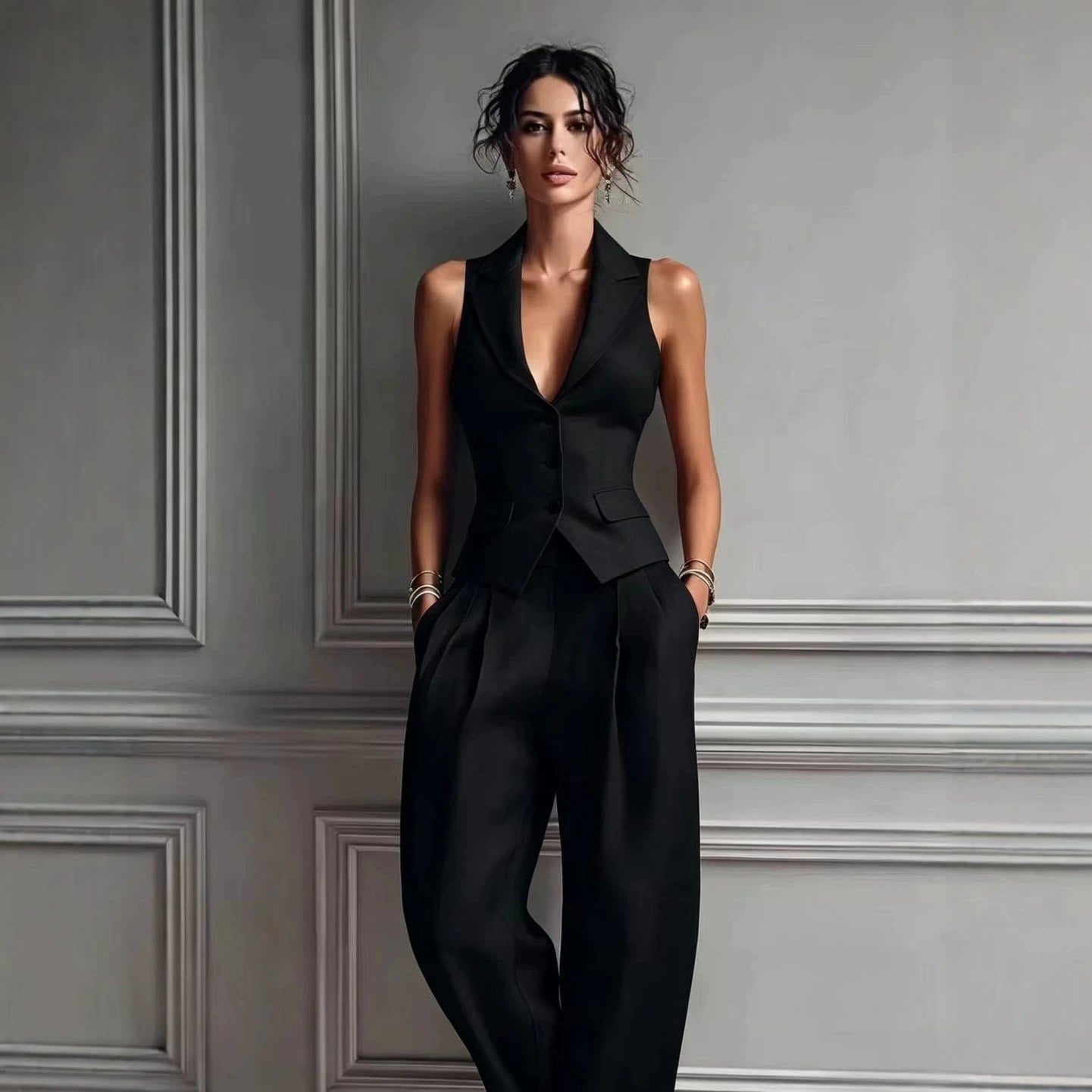 Tailored Vest High Waist Wide Leg Pants Set