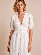 Robe longue à manches bouffantes et décolleté en V profond