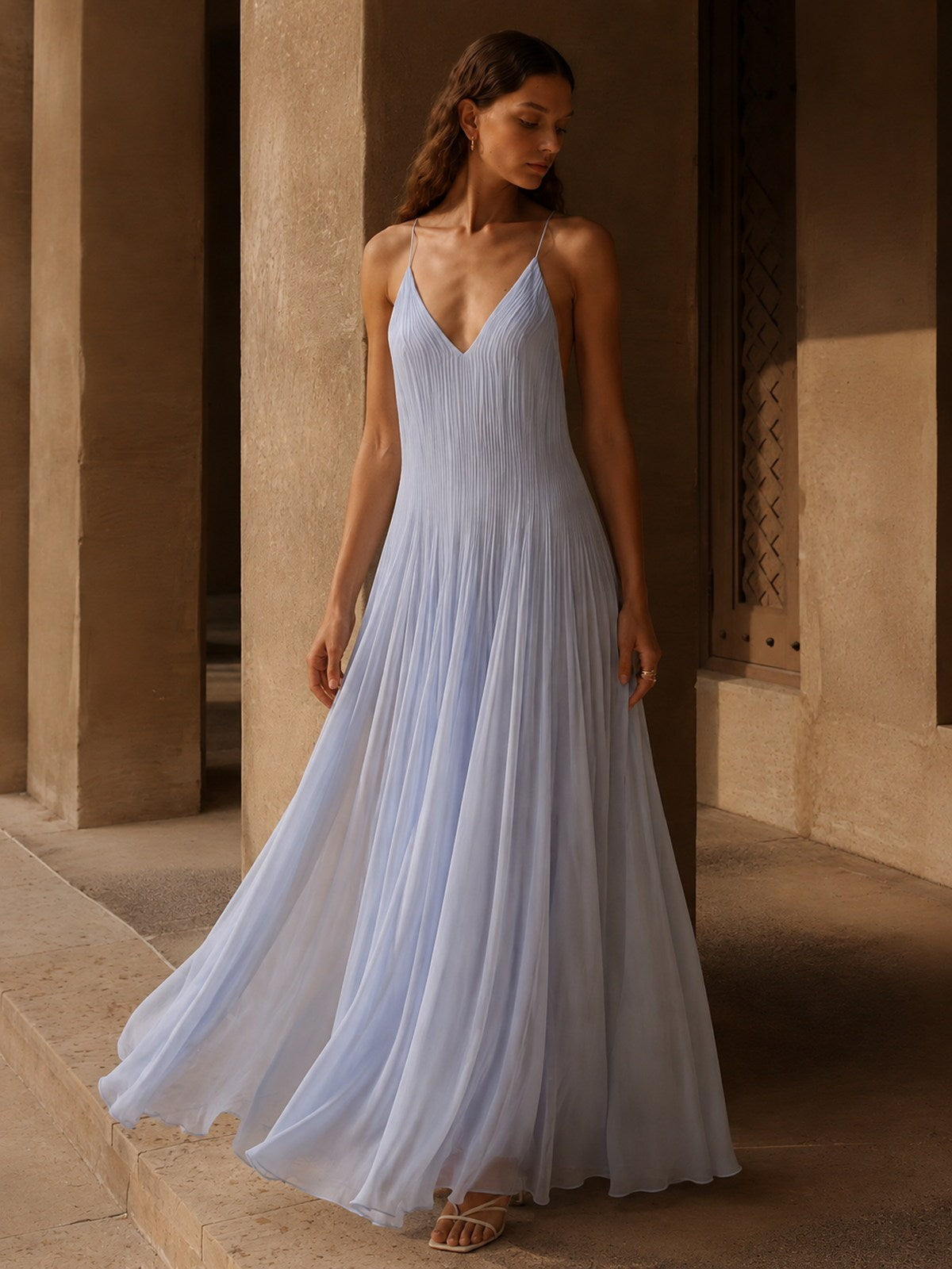 Pleated V Neck Maxi Dress