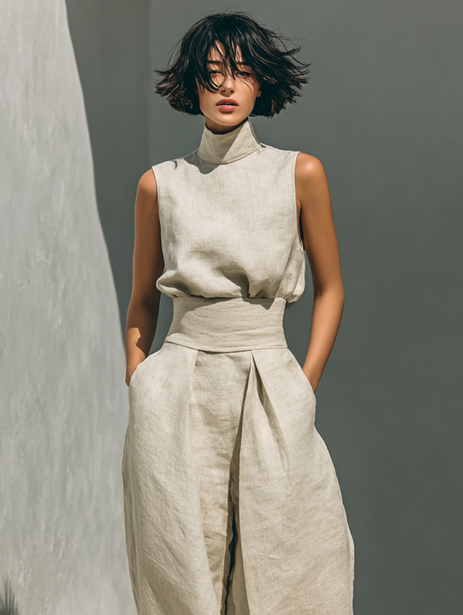 Linen Sleeveless High Neck Top with Wide Leg Pants Set for Women Modern Minimalist Outfit
