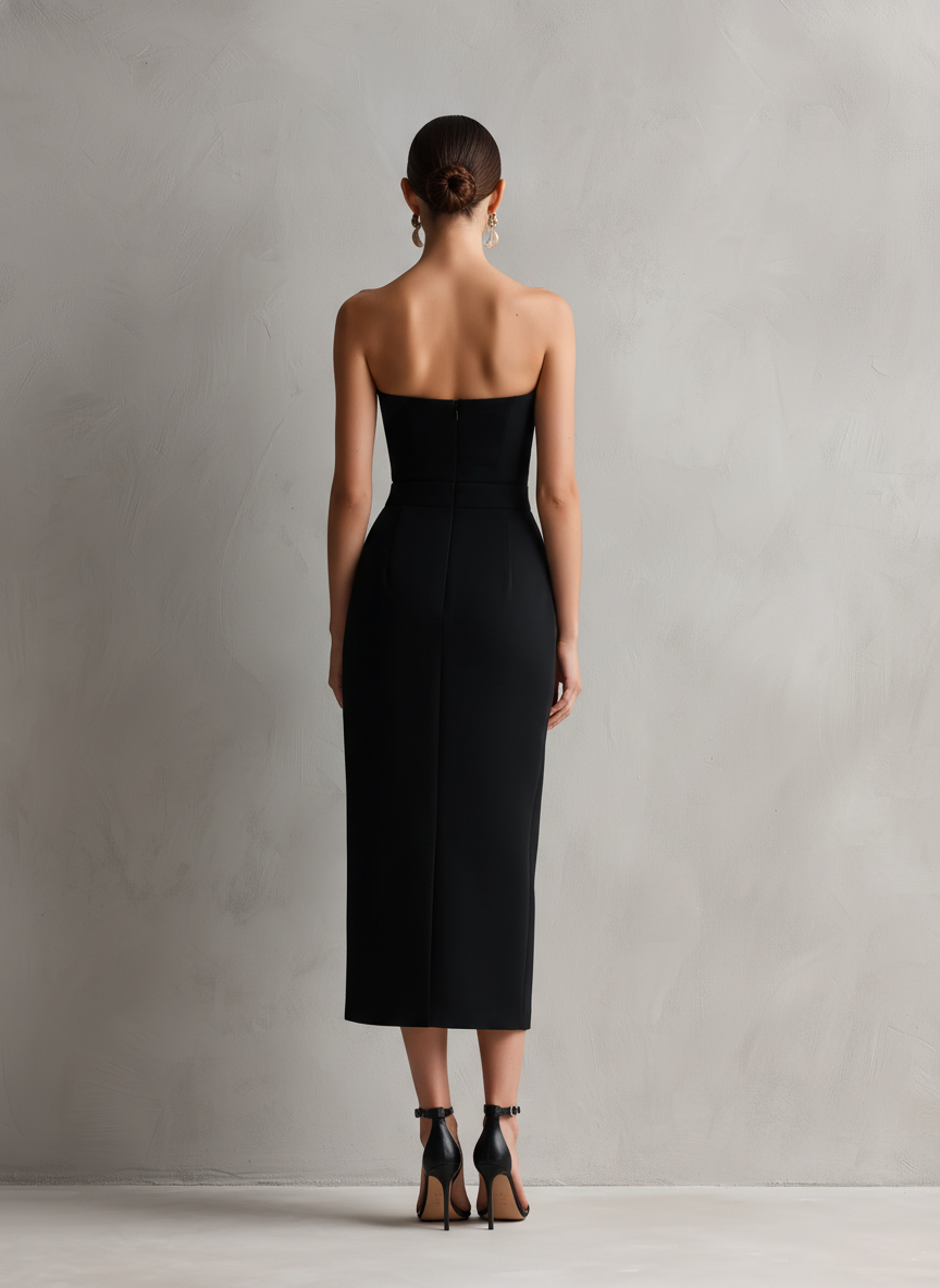 Elegant Black Crepe Strapless Midi Dress with Side Slit and Pockets