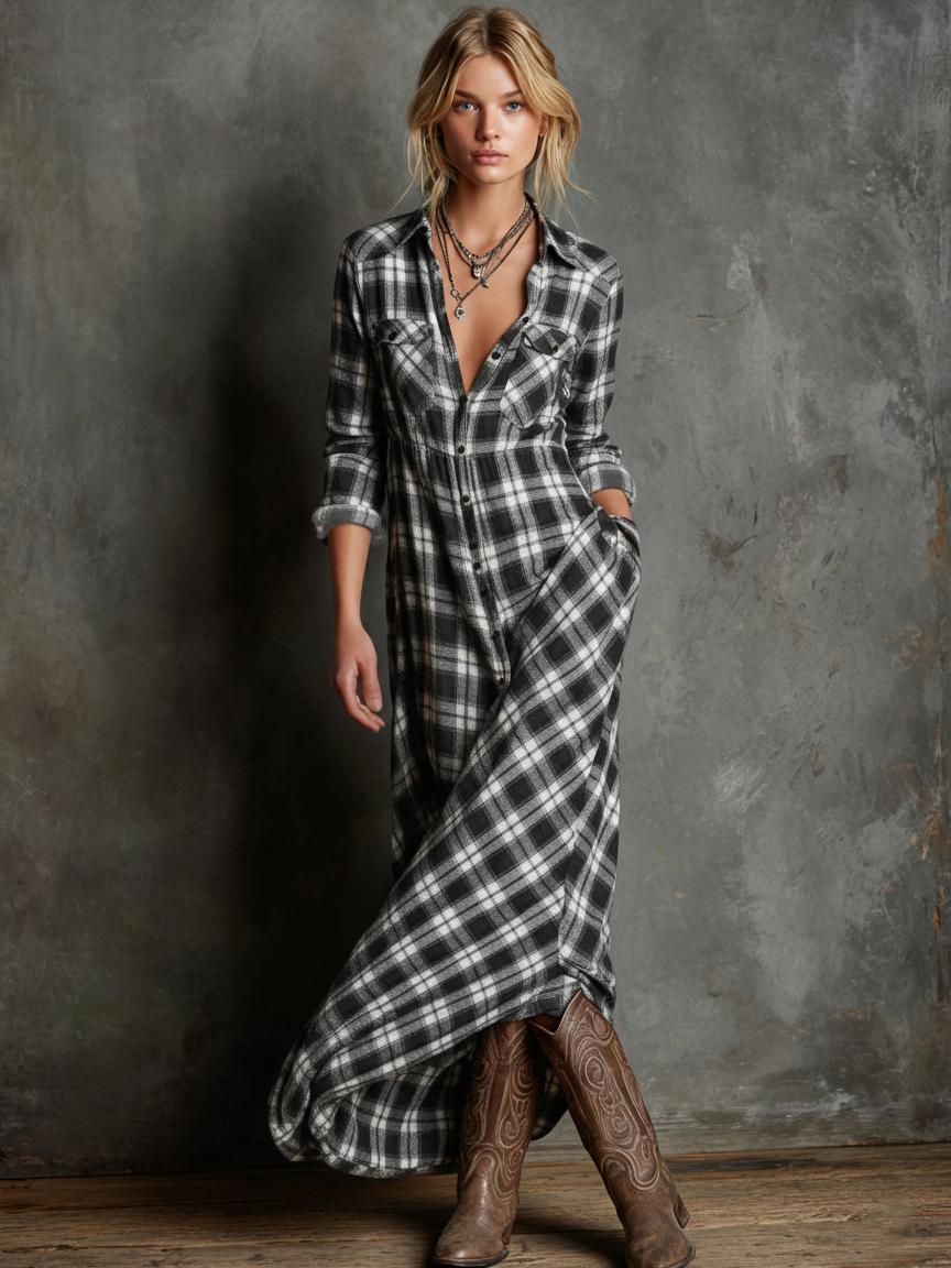 Cotton Plaid Long Shirt Dress with Button-Down Front and Deep V-Neckline