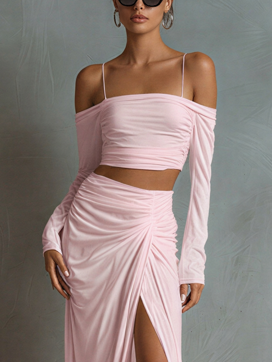 Silky Pink Off-Shoulder Two-Piece Set with High-Slit Maxi Skirt and Crop Top