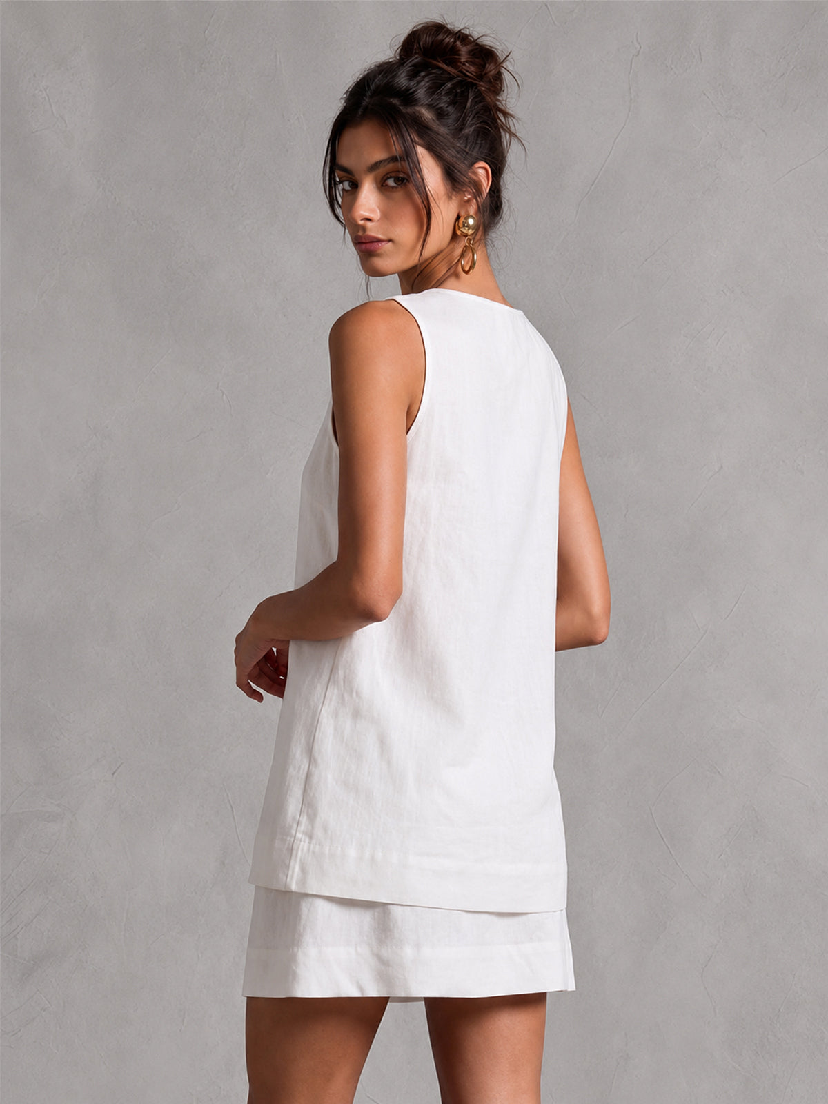 White Linen-Blend Sleeveless Layered Mini Dress