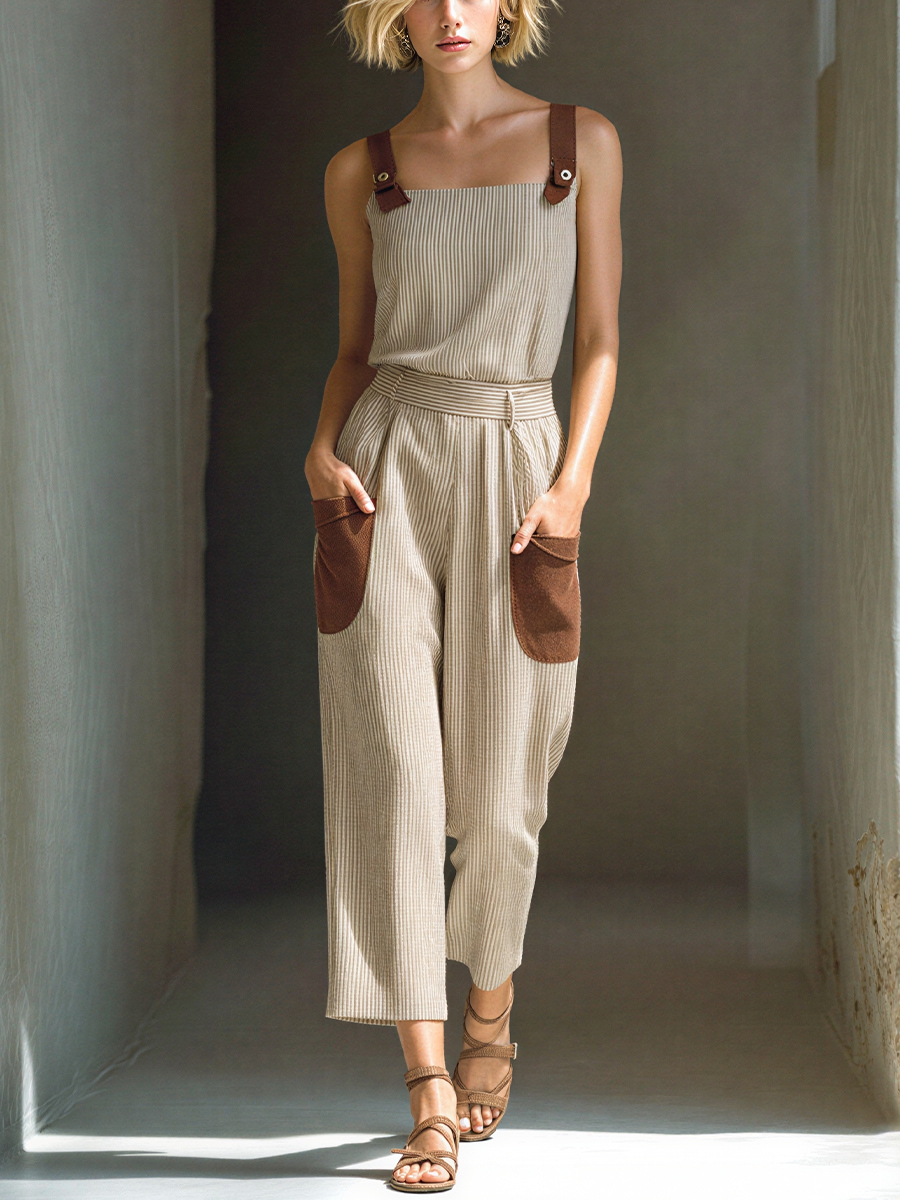 Cotton Linen Striped Sleeveless Jumpsuit with Brown Leather Accents and Wide Leg Design
