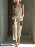 Cotton Linen Striped Sleeveless Jumpsuit with Brown Leather Accents and Wide Leg Design