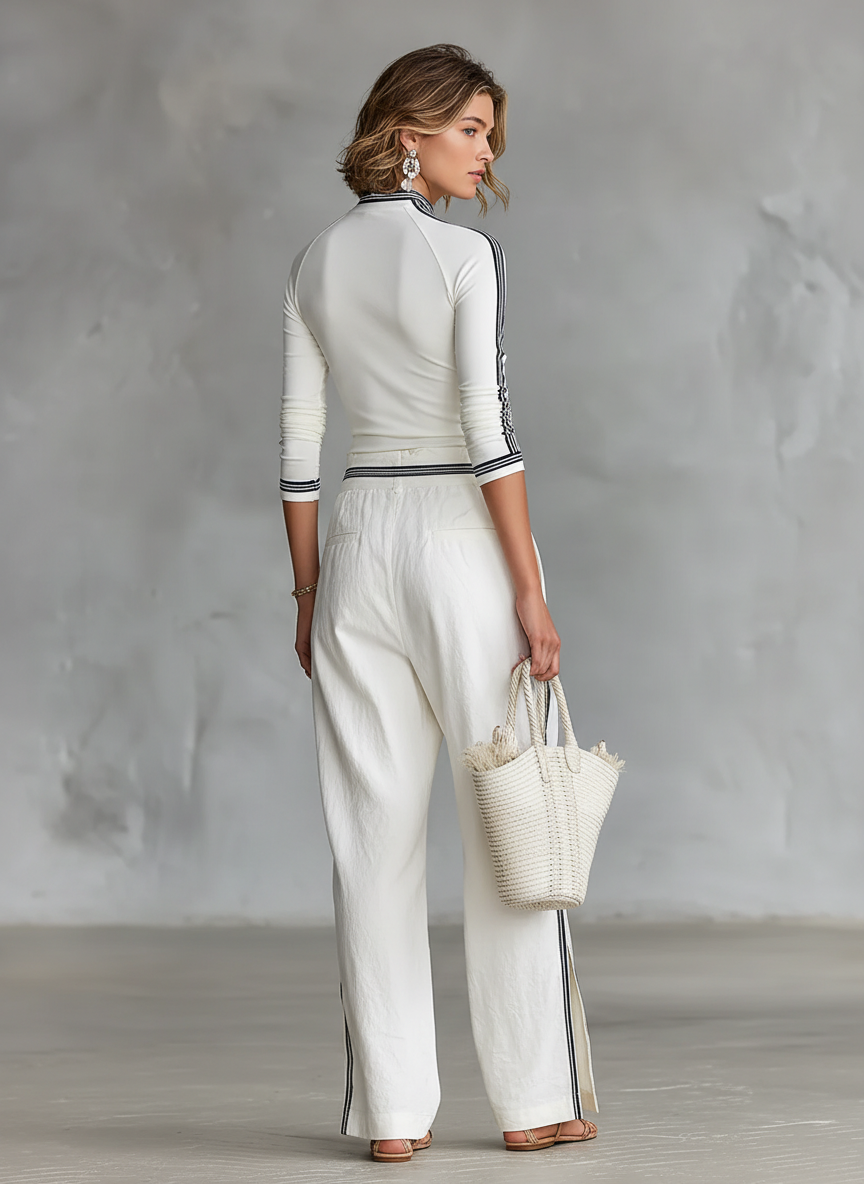 Cotton Blend White High Neck Long Sleeve Top with Side Stripes and Matching Wide Leg Pants Set