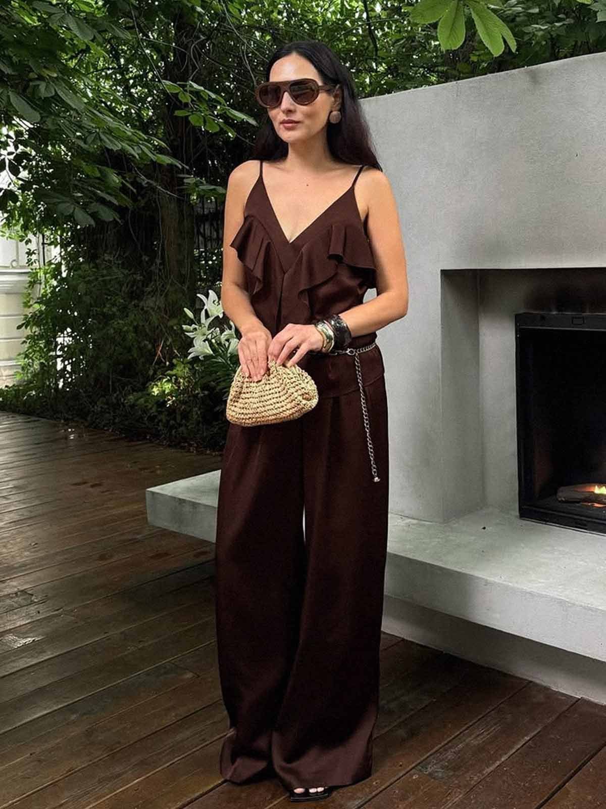 Ruffle V Neck Wide Leg Set