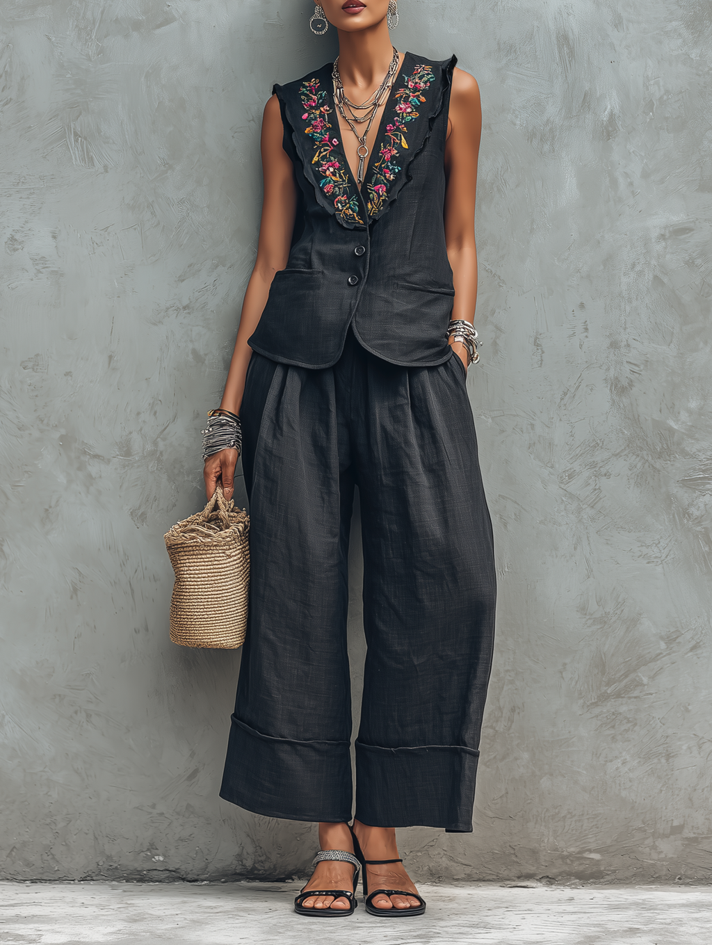 Linen Embroidered Sleeveless Vest & Wide Leg Pants Set for Women Boho Chic Summer Outfit with Floral Trim and Relaxed Fit