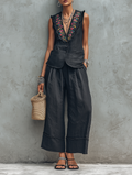 Linen Embroidered Sleeveless Vest & Wide Leg Pants Set for Women Boho Chic Summer Outfit with Floral Trim and Relaxed Fit